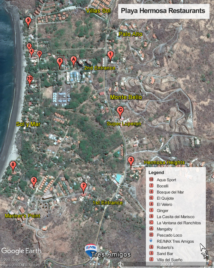Map of Playa Hermosa restaurants near Papagayo
