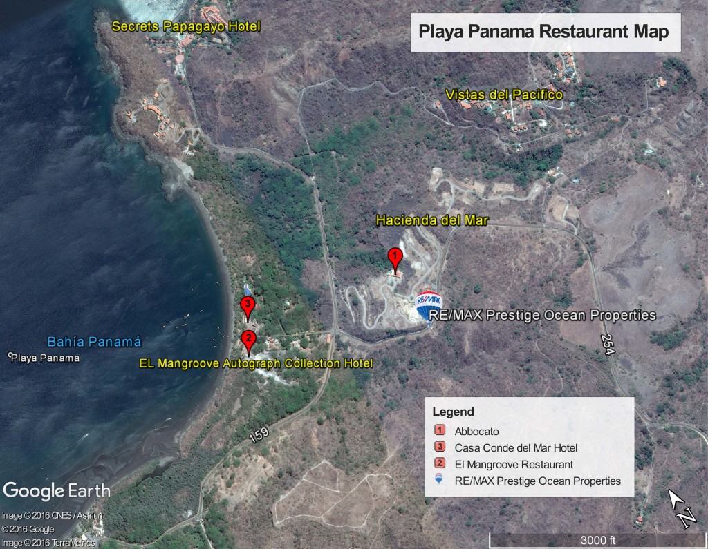 Map of restaurants in Playa Panama near Papagayo